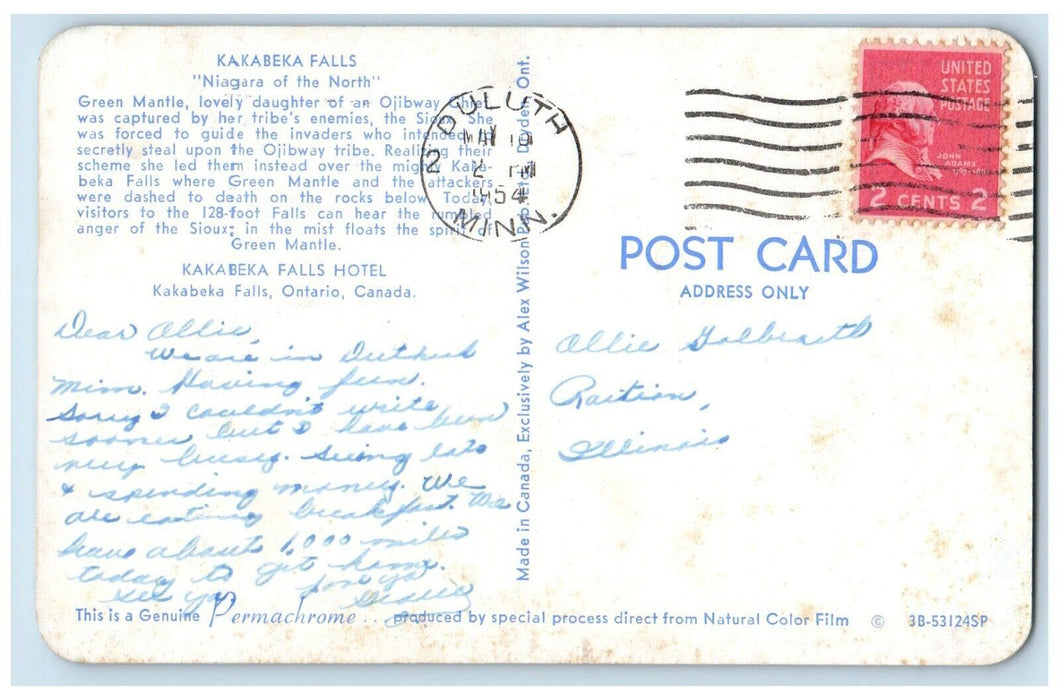 1954 Kakabeka Falls Hotel Ontario Canada Niagara Of The North Waterfall Postcard