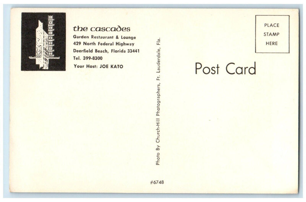 The Cascades Garden Restaurant & Lounge Dining Room Deerfield Beach FL Postcard