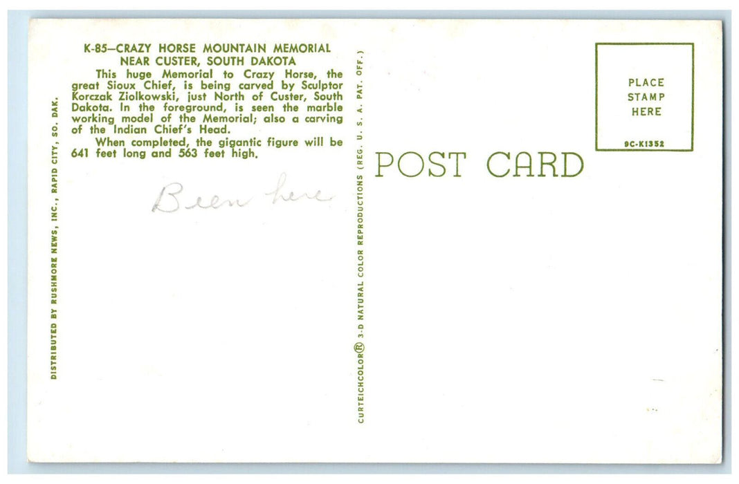 c1960's Crazy Horse Mountain Memorial Sioux Chief Monument Custer SD Postcard