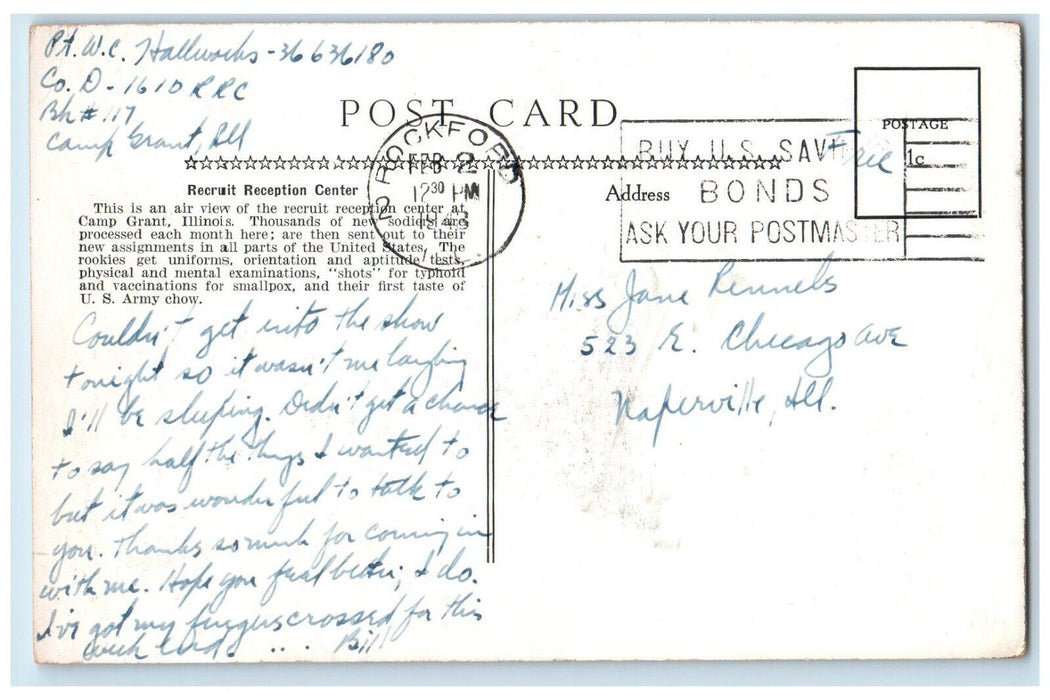 1943 Multiview, Recruit Reception Center Camp Grant Illinois IL Cancel Postcard