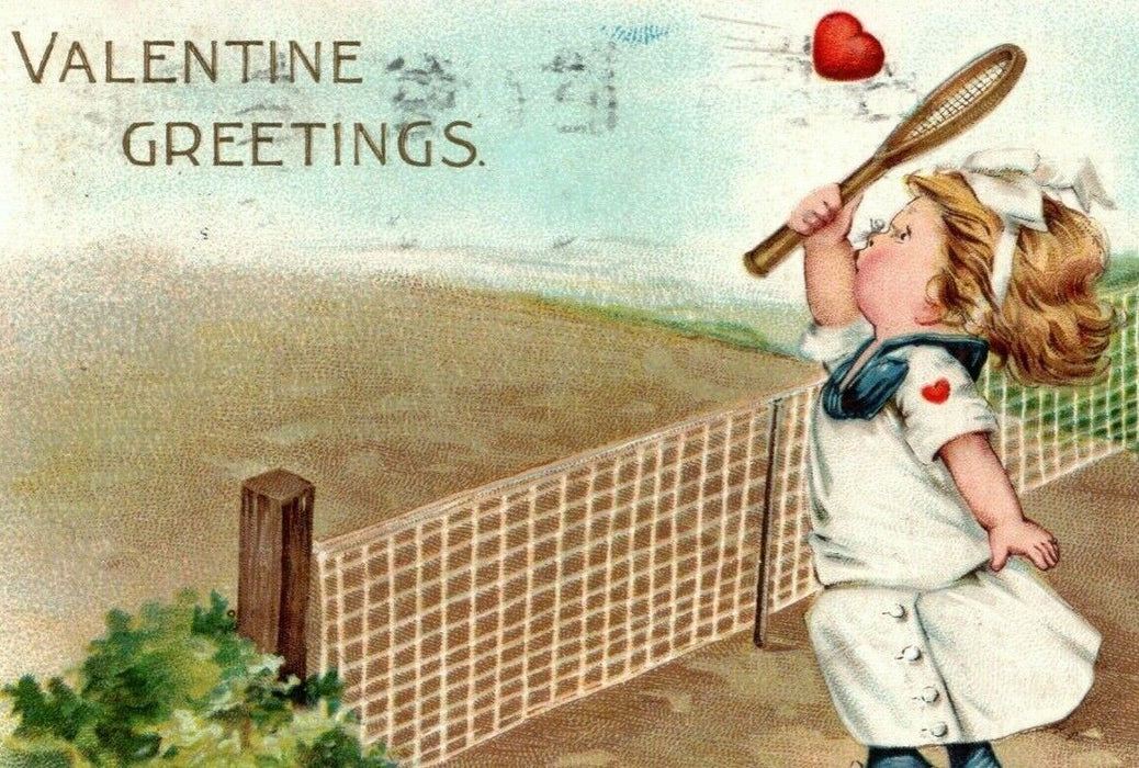 1914 Valentine Tennis Hitting Heart Love Game Delavan Wisconsin Antique Postcard
