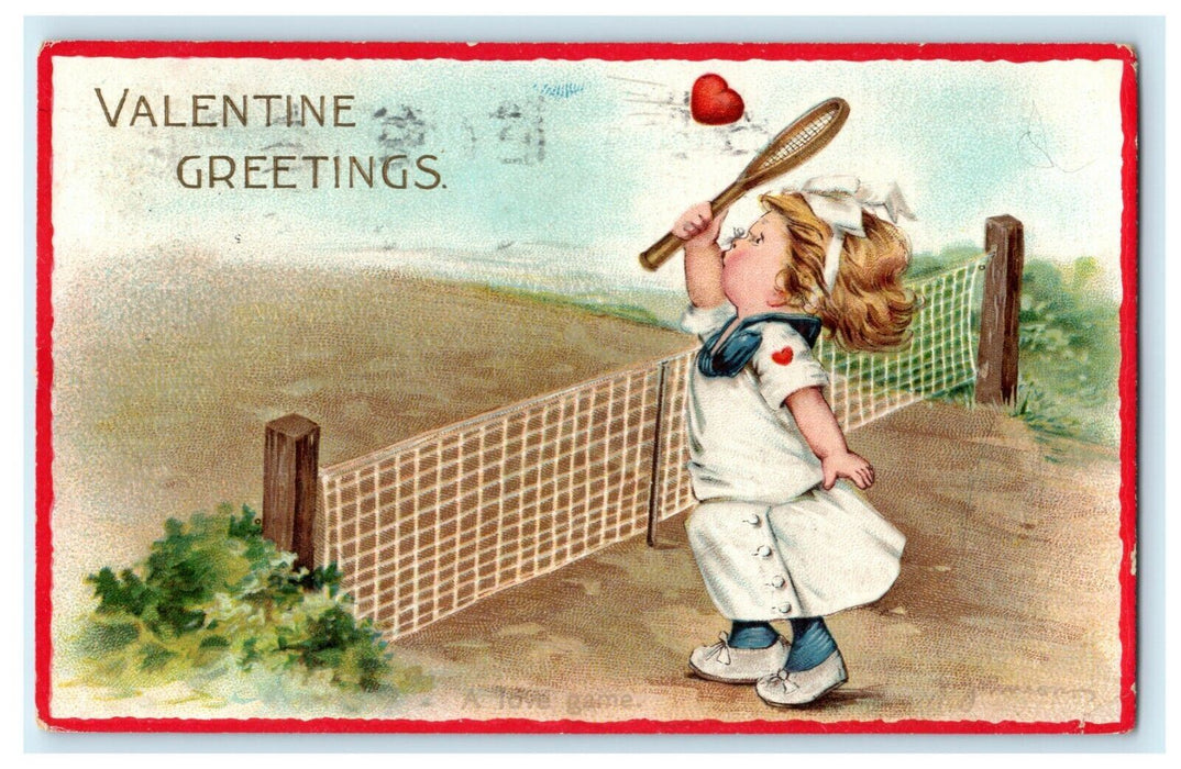 1914 Valentine Tennis Hitting Heart Love Game Delavan Wisconsin Antique Postcard