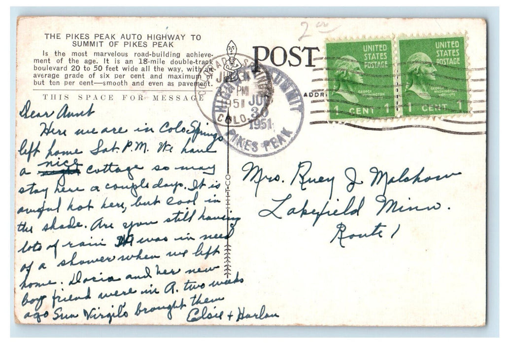 1951 Bottomless Pit, Pikes Peak Auto Highway Colorado Springs CO Posted Postcard