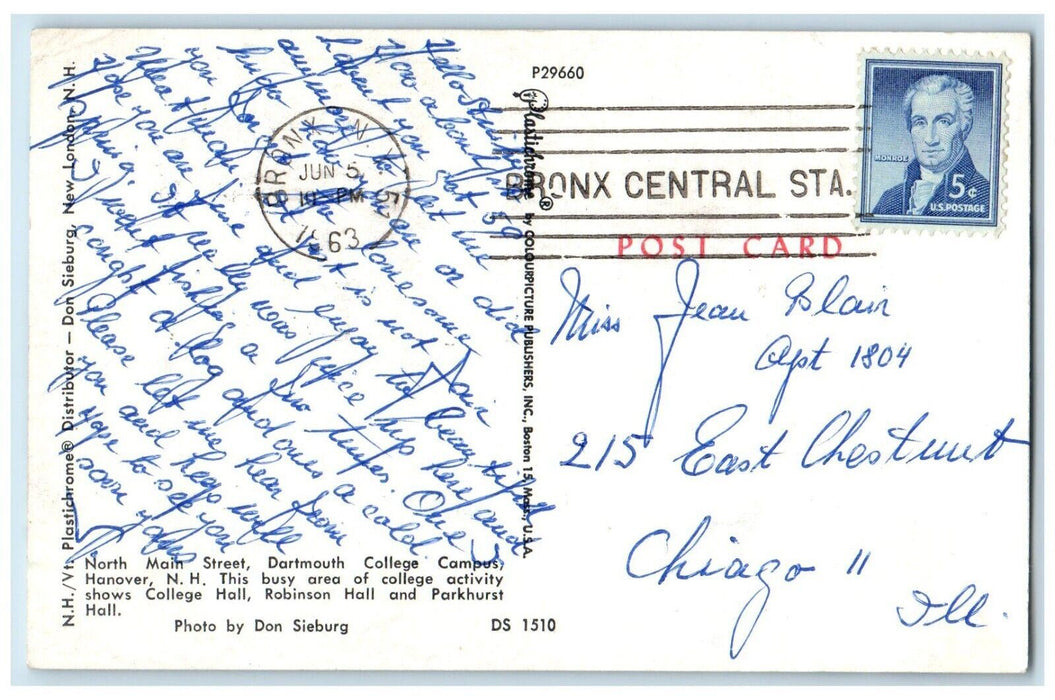 1963 North Main Street Darthmouth College Campus Hanover NH, Winter Postcard
