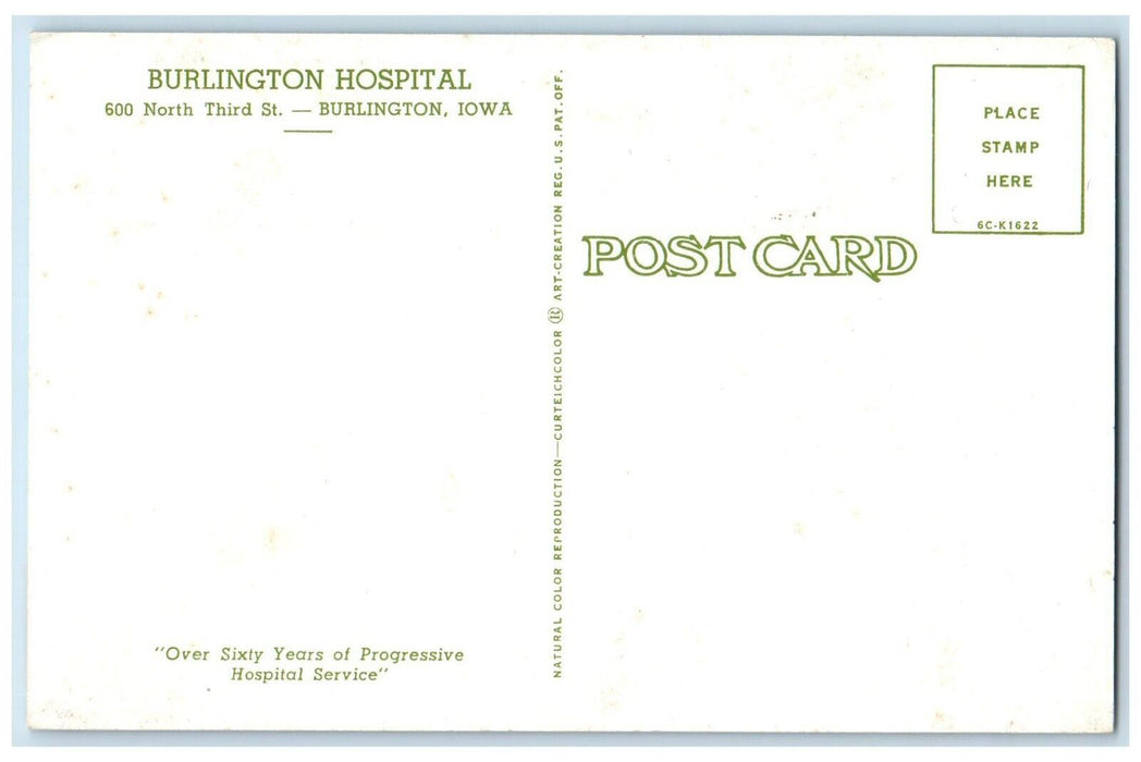 Burlington Hospital Building Cars Street View Burlington Iowa IA Postcard