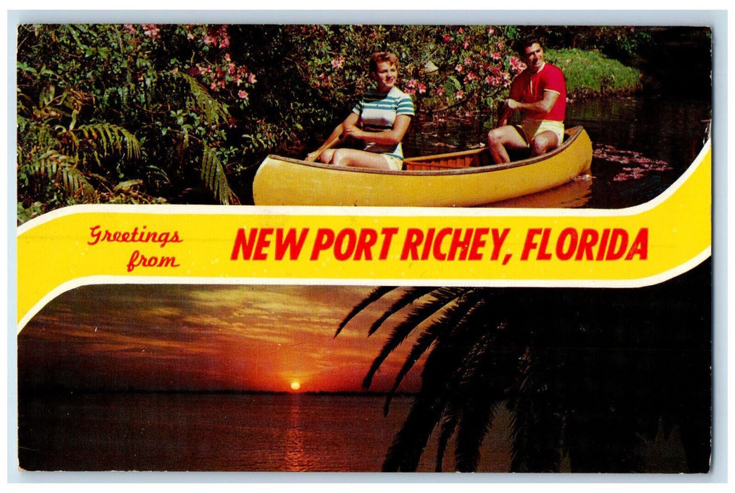 1967 Couple on Boat, Sunset, Greetings from New Port Richey Florida FL Postcard