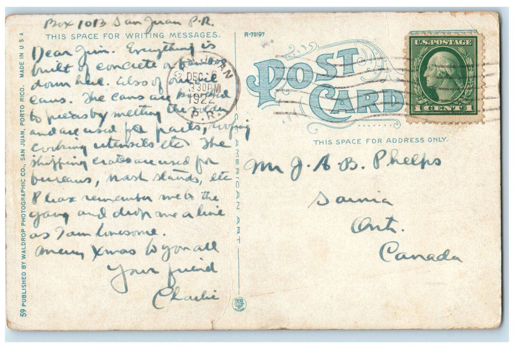 1922 River, Martin Pena Bridge Near San Juan Puerto Rico PR Antique Postcard