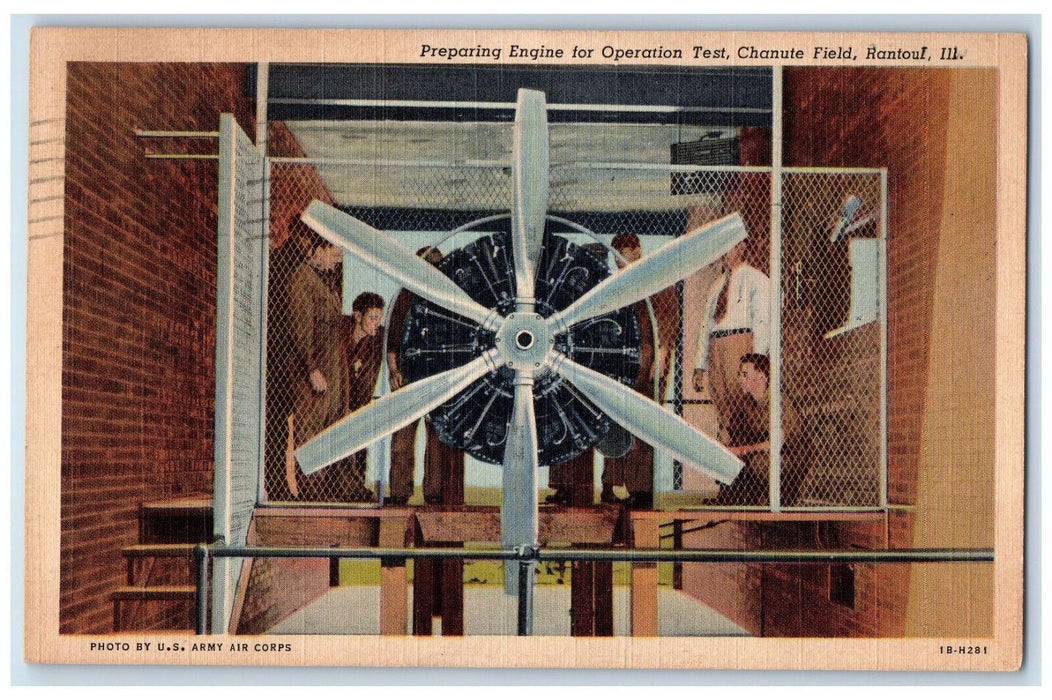 1943 Preparing Engine for Operation Test, Chanute Field Rantoul IL Postcard