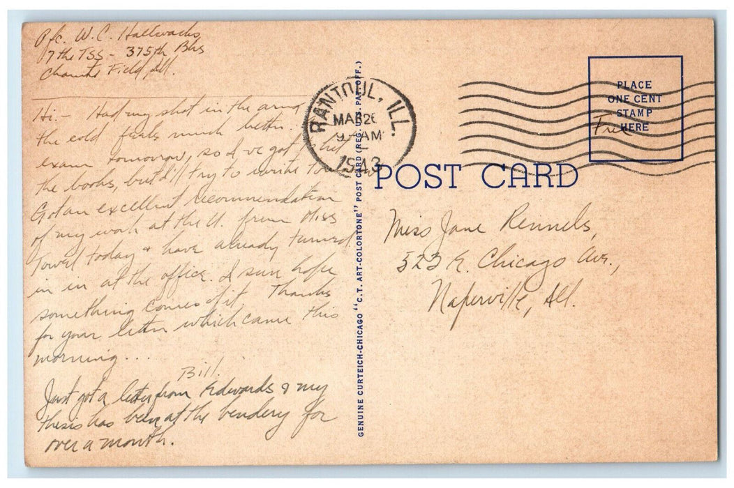 1943 Preparing Engine for Operation Test, Chanute Field Rantoul IL Postcard