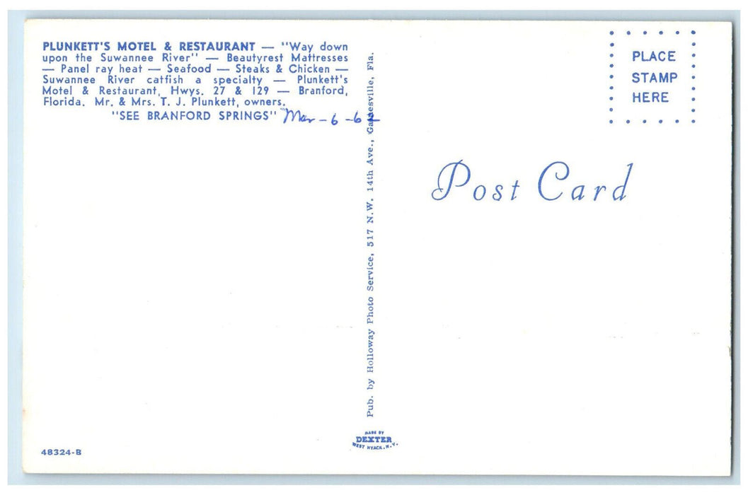 1962 Arrow Signage, Plunkett's Motel & Restaurant Branford Florida FL Postcard