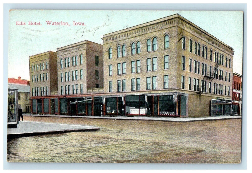 1910 Ellis Hotel Building Street View Waterloo Iowa IA Posted Antique Postcard