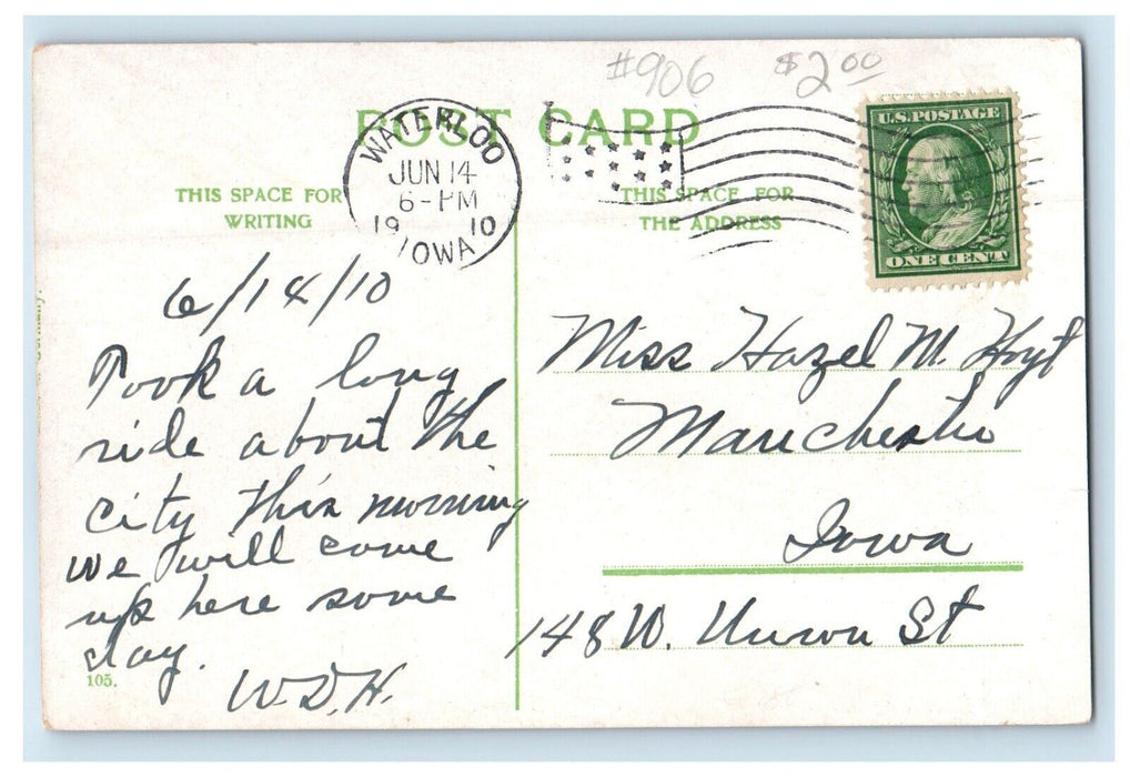 1910 Ellis Hotel Building Street View Waterloo Iowa IA Posted Antique Postcard