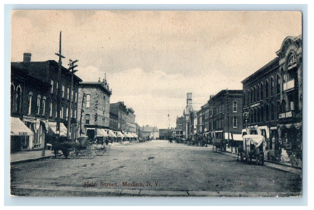 1909 Main Street View Horse Carriage Stores Wagon Medina New York NY Postcard