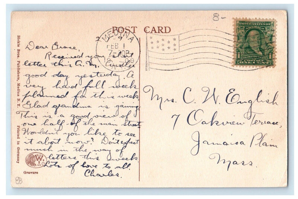 1909 Main Street View Horse Carriage Stores Wagon Medina New York NY Postcard