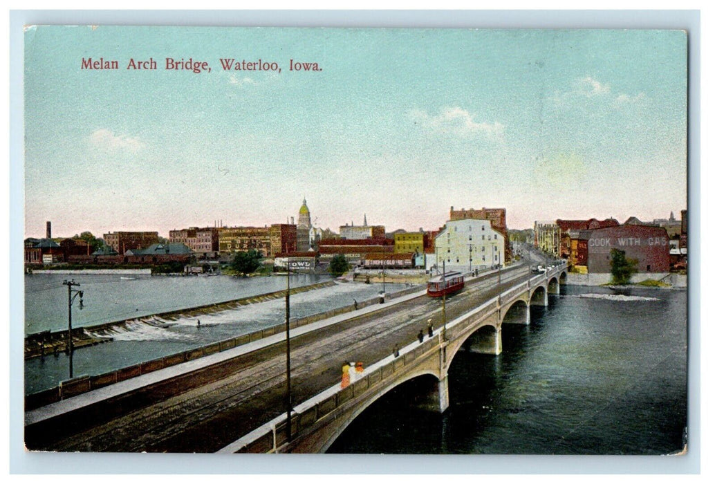 c1910's Melan Arch Bridge Trolley Train Waterloo Iowa IA Antique Postcard