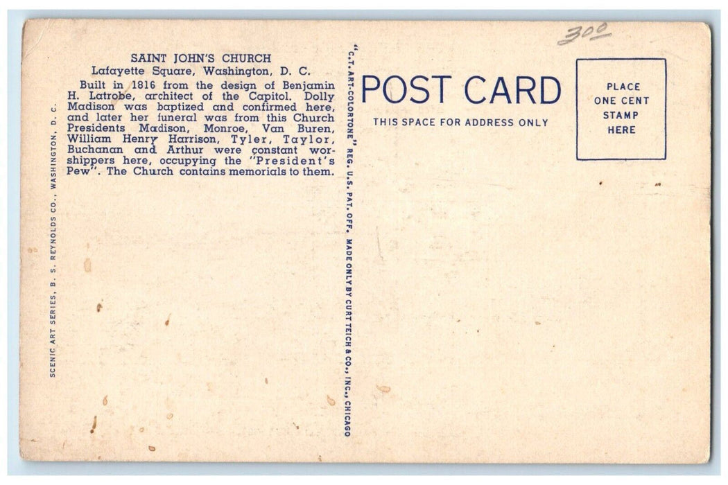 c1940's Saint John's Church Lafayette Square Street View Washington DC Postcard