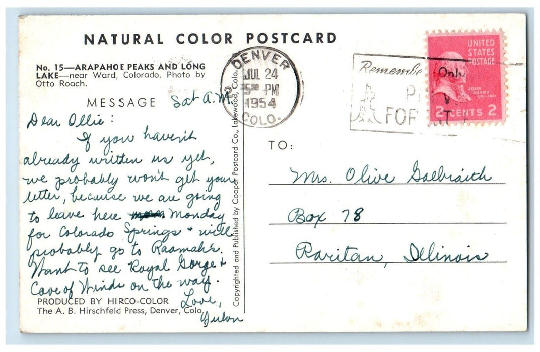 1954 Arapahoe Peaks And Long Lake Near Ward Colorado CO, Lake View Postcard