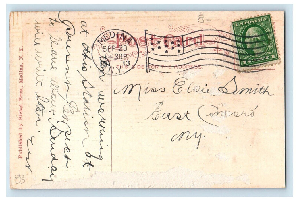 1913 New York Central Station Depot Railroad Train Wagon Medina NY Postcard