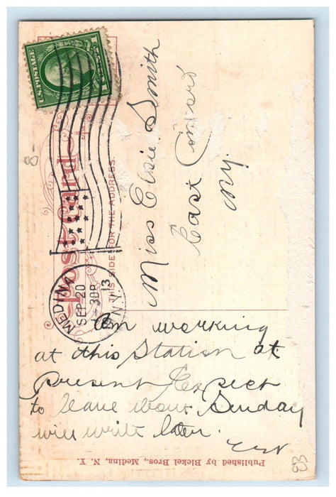 1913 New York Central Station Depot Railroad Train Wagon Medina NY Postcard