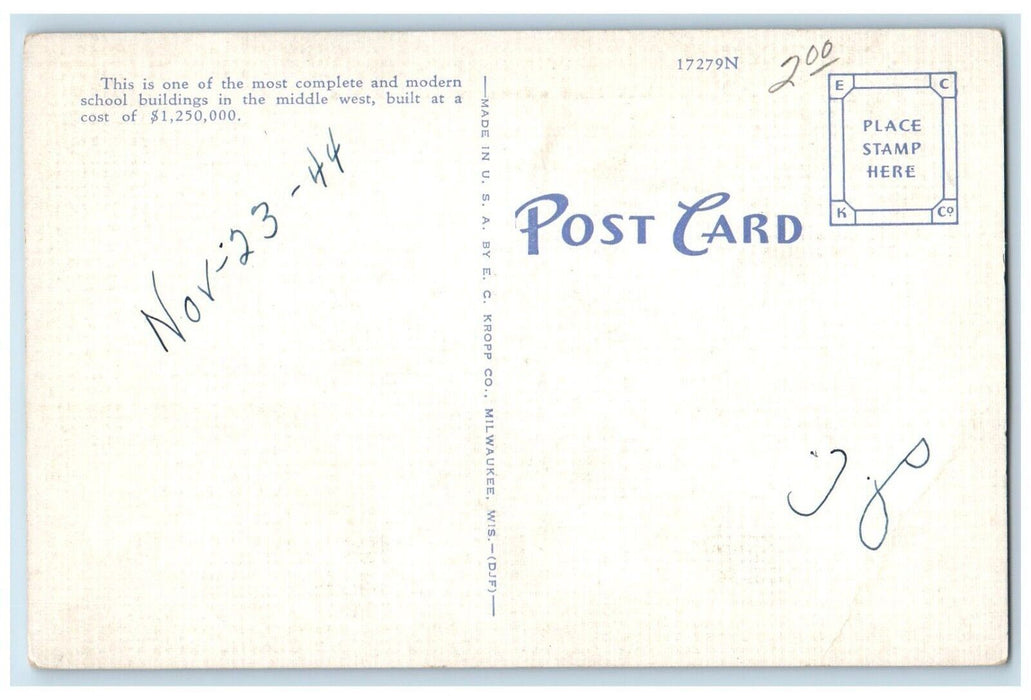 1944 New High School Building Street View Quincy Illinois IL Vintage Postcard