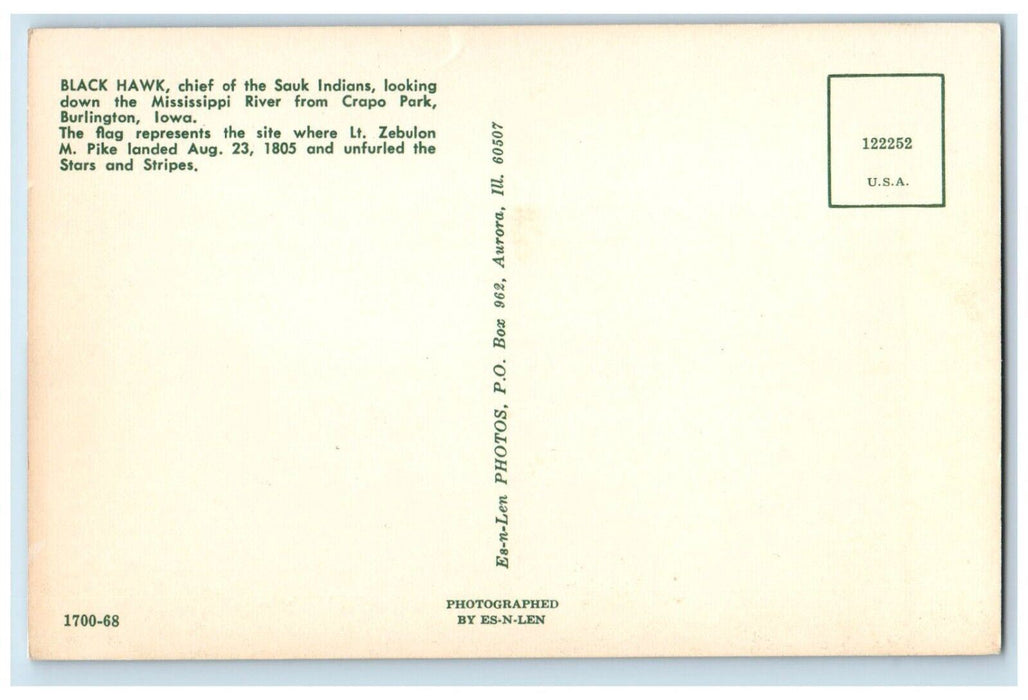 c1960's Black Hawk Chief Sauk Indians Mississipi River Burlington IA Postcard