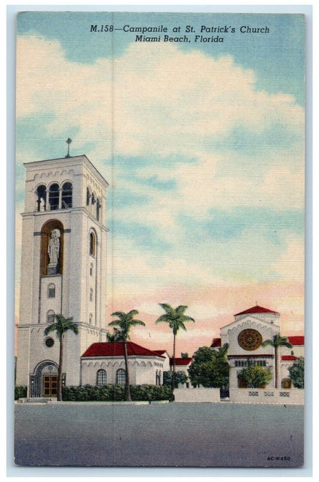 c1930's Campanile At St. Patrick's Church Miami Beach Florida FL Postcard