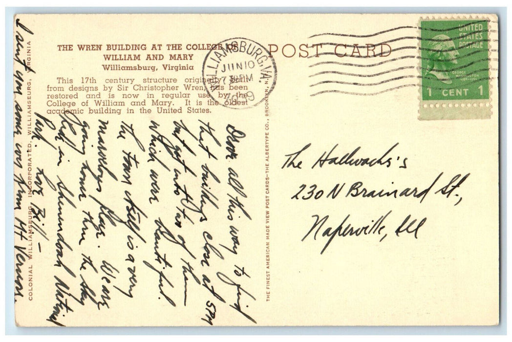 1939 The Wren Building College of William and Mary Williamsburg VA Postcard