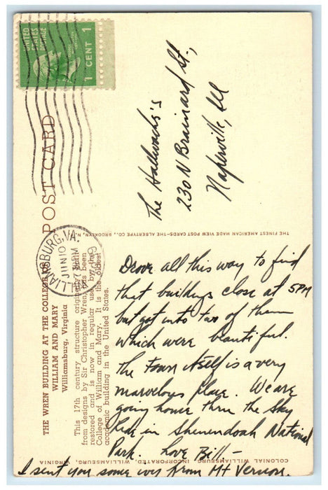 1939 The Wren Building College of William and Mary Williamsburg VA Postcard
