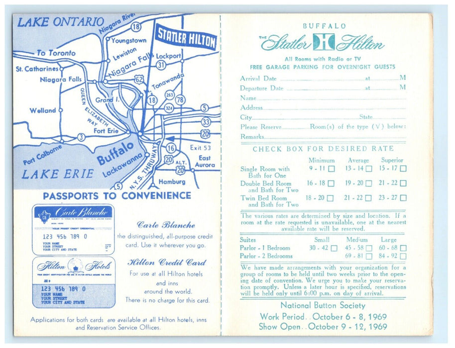 1969 Statler Hilton Hotel Buffalo New York NY Advertising Map Postcard
