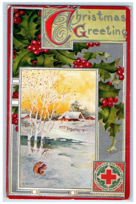 1910 Christmas Greeting Holly Berries Squirrell Winter Cambria WI Postcard