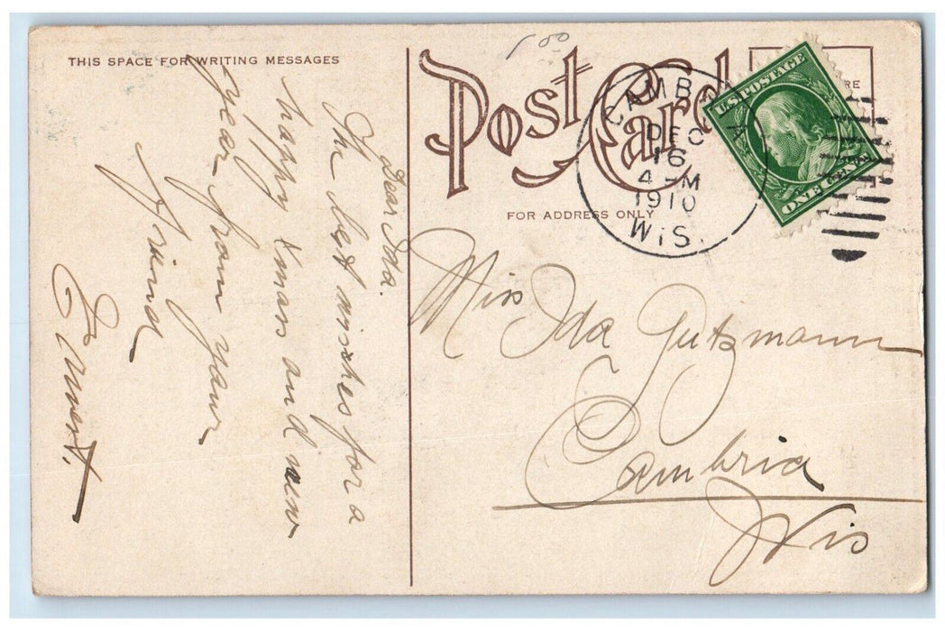 1910 Christmas Greeting Holly Berries Squirrell Winter Cambria WI Postcard