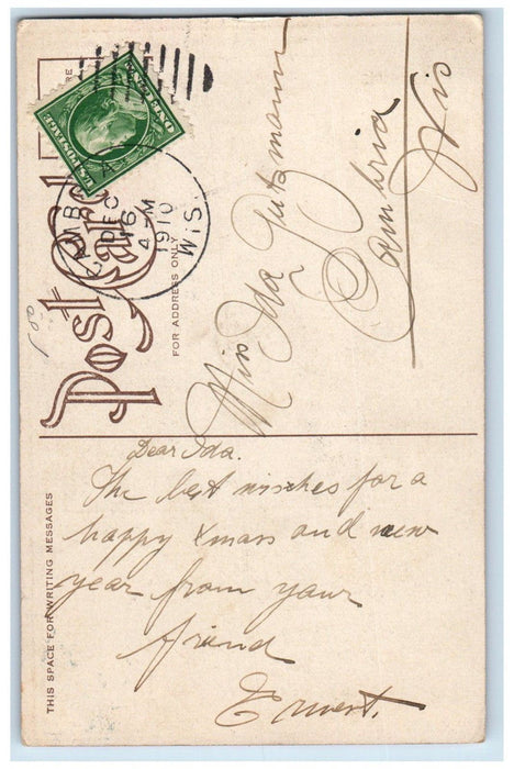 1910 Christmas Greeting Holly Berries Squirrell Winter Cambria WI Postcard