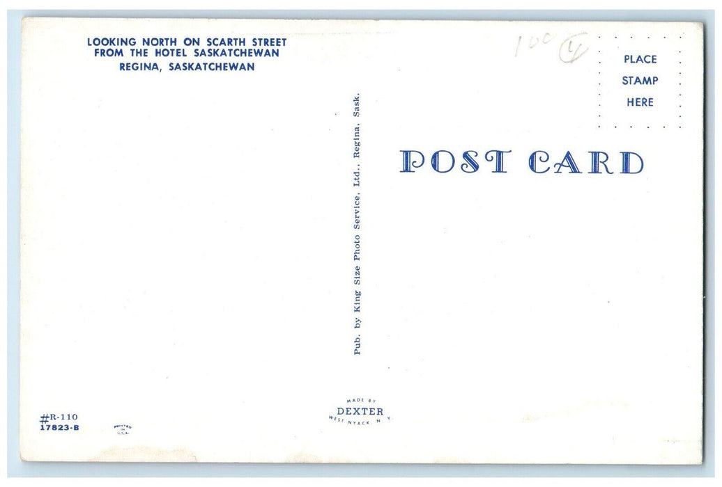 Regina Canada, Looking North Scarth Street From Hotel Saskatchewan Cars Postcard