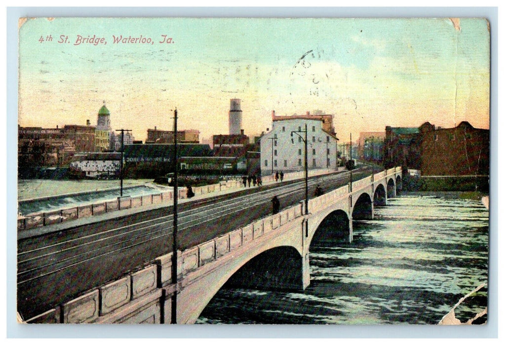 1909 4th Street Bridge People Walking Waterloo Iowa IA Posted Antique Postcard