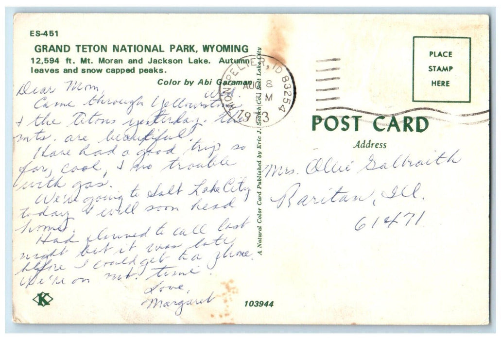 1973 Mt. Moran And Jackson Lake Autumn Grand Teton National Park WY Postcard
