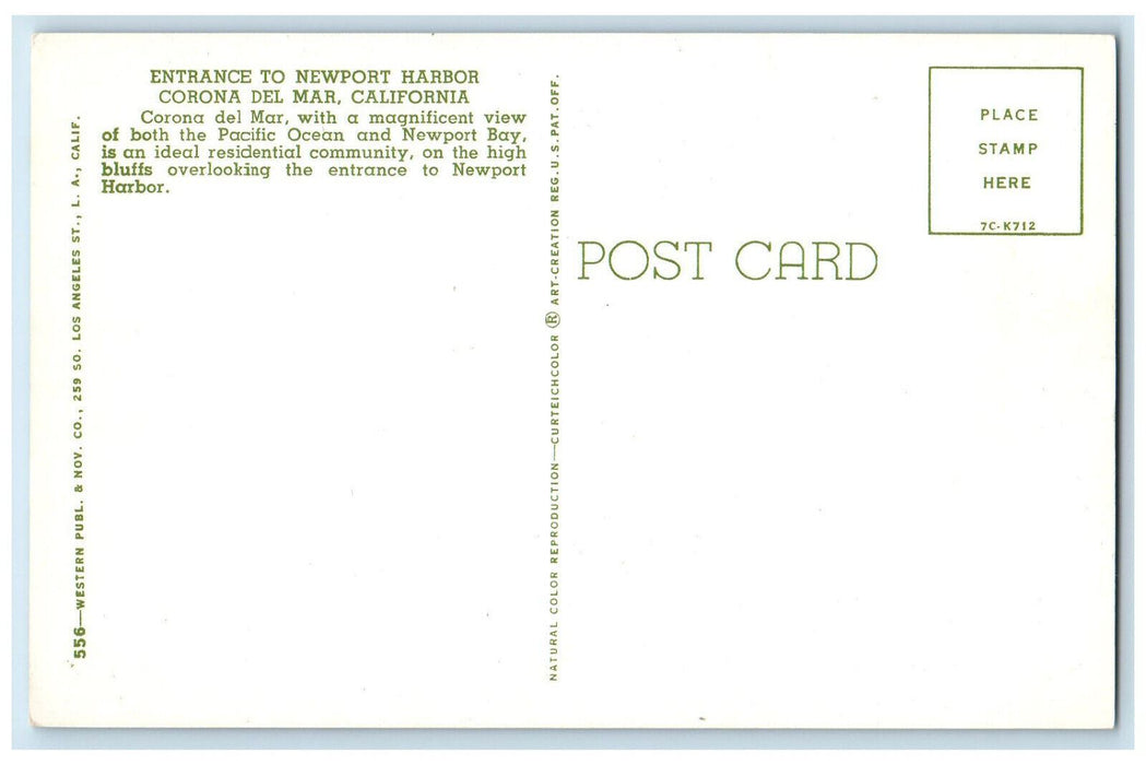 c1970's Boat Scene Entrance to Newport Harbor Corona Del Mar, CA Postcard
