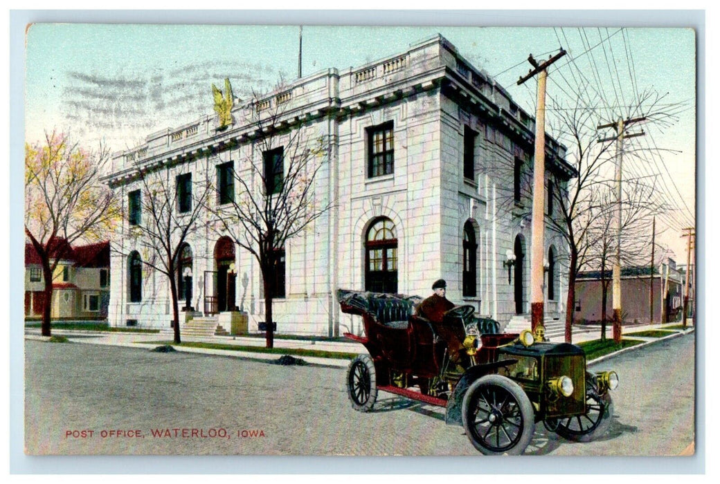 1910 Post Office Street View Car Waterloo Iowa IA Posted Antique Postcard