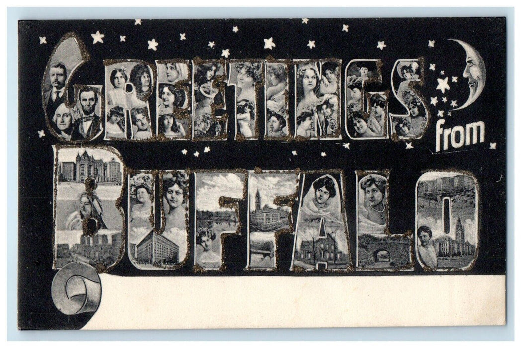 c1905 Greetings From Buffalo New York NY, Large Letters Crescent Moon Postcard