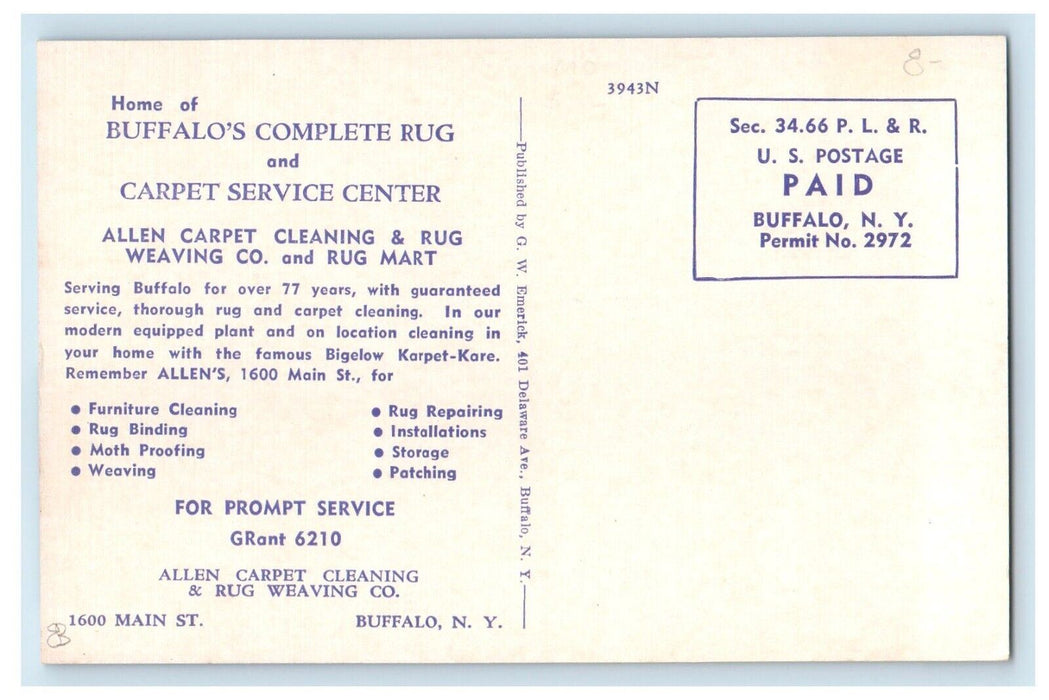 c1940s Allen Carpet Cleaning Rug Weaving Buffalo NY Advertising Postcard