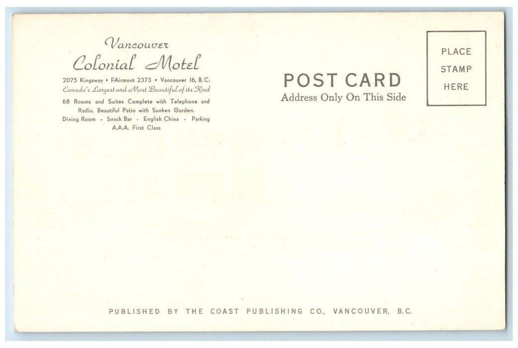 Vancouver Colonial Motel Building Street View Cars Vancouver BC Canada Postcard
