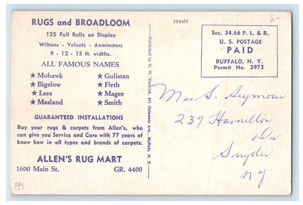 Interior Allen's Rug Mart Carpet Main Street Buffalo NY Advertising Postcard