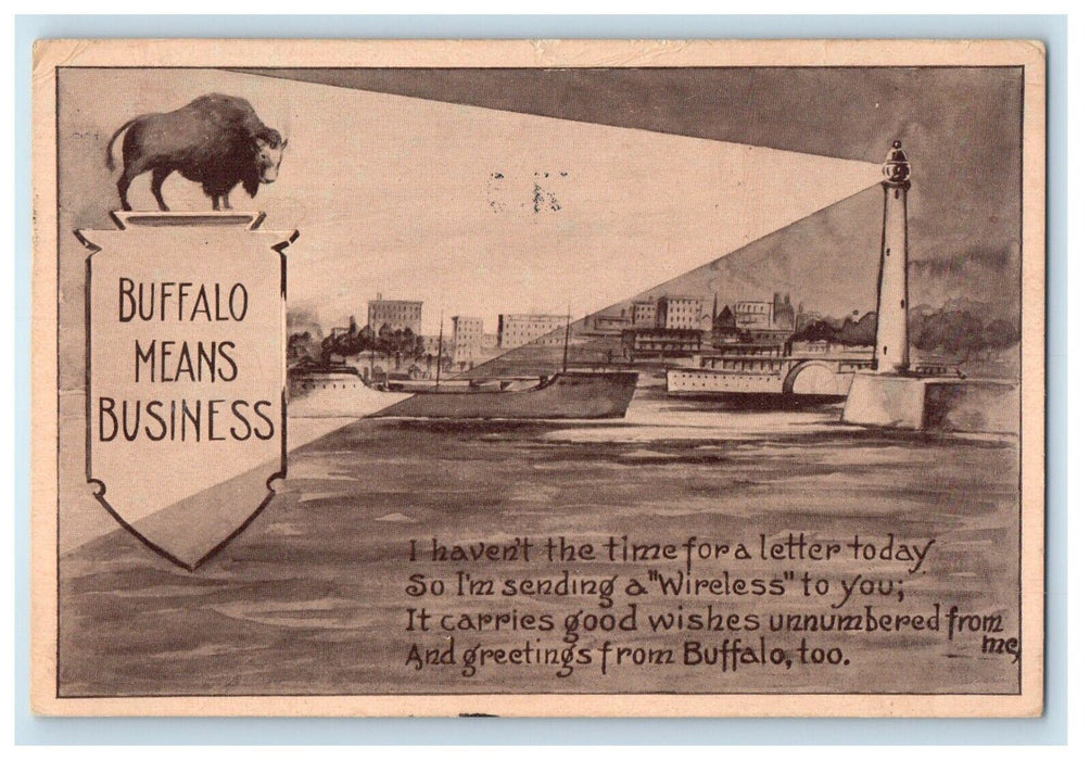 1910 Buffalo Means Business Sign Lighthouse Boats New York NY Antique Postcard