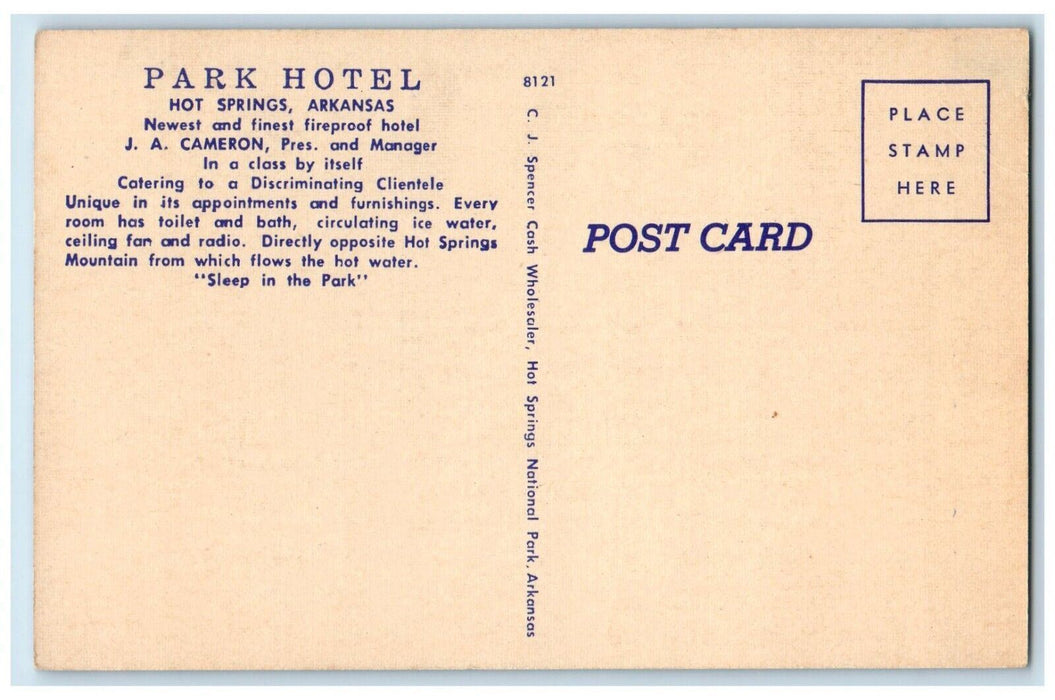 Park Hotel Front View Cars Hot Springs National Park Arkansas AR Postcard