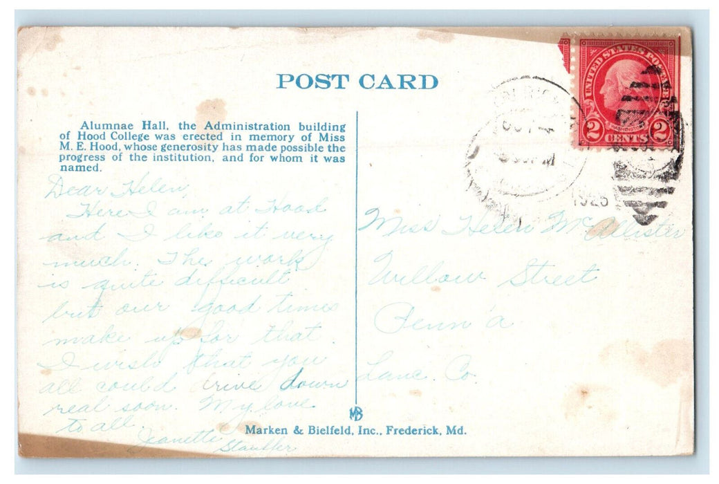 c1920s Alumnae Hall, Wood College, Frederick Maryland MD Postcard