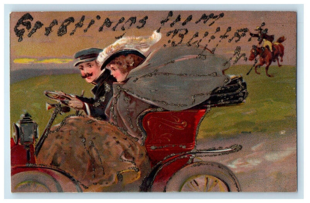 c1910's Greetings From Buffalo New York NY, Couple Driving Car Glitter Postcard