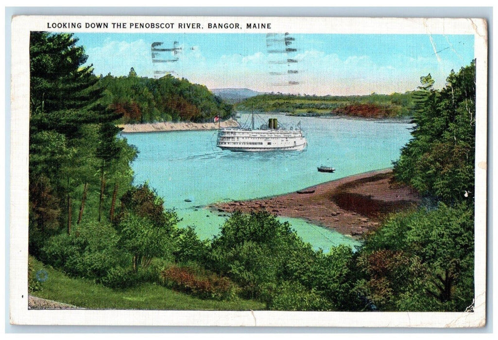 1940 Looking Down The Penobscot River Steamer Ship Bangor Maine ME Postcard