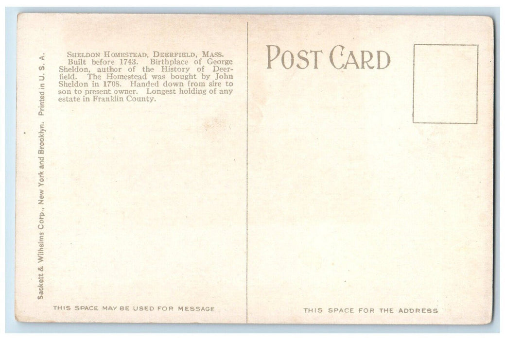 c1930's Sheldon Homestead Deerfield Massachusetts MA Unposted Vintage Postcard