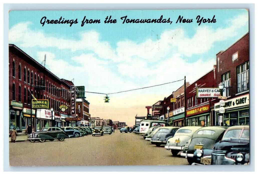 1951 Greetings From The Tonawanda New York NY, Harvey Drugstore Cars Postcard