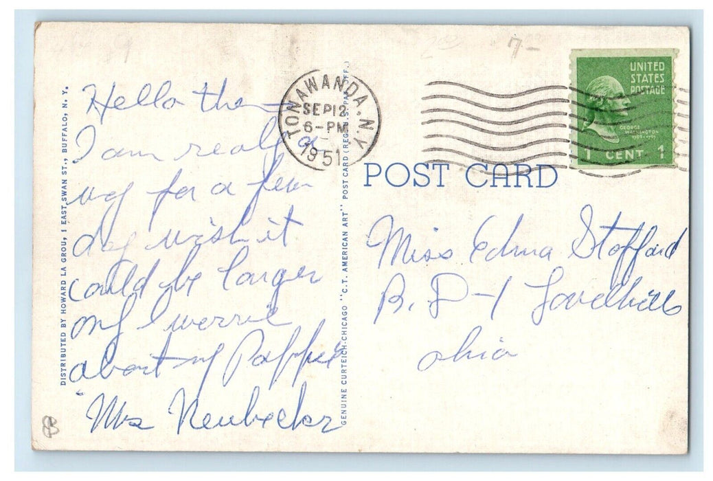 1951 Greetings From The Tonawanda New York NY, Harvey Drugstore Cars Postcard