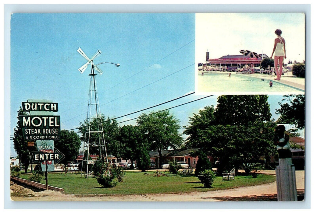 Dutch Motel And Steak House Pool Windmill Road Side Augusta Georgia GA Postcard